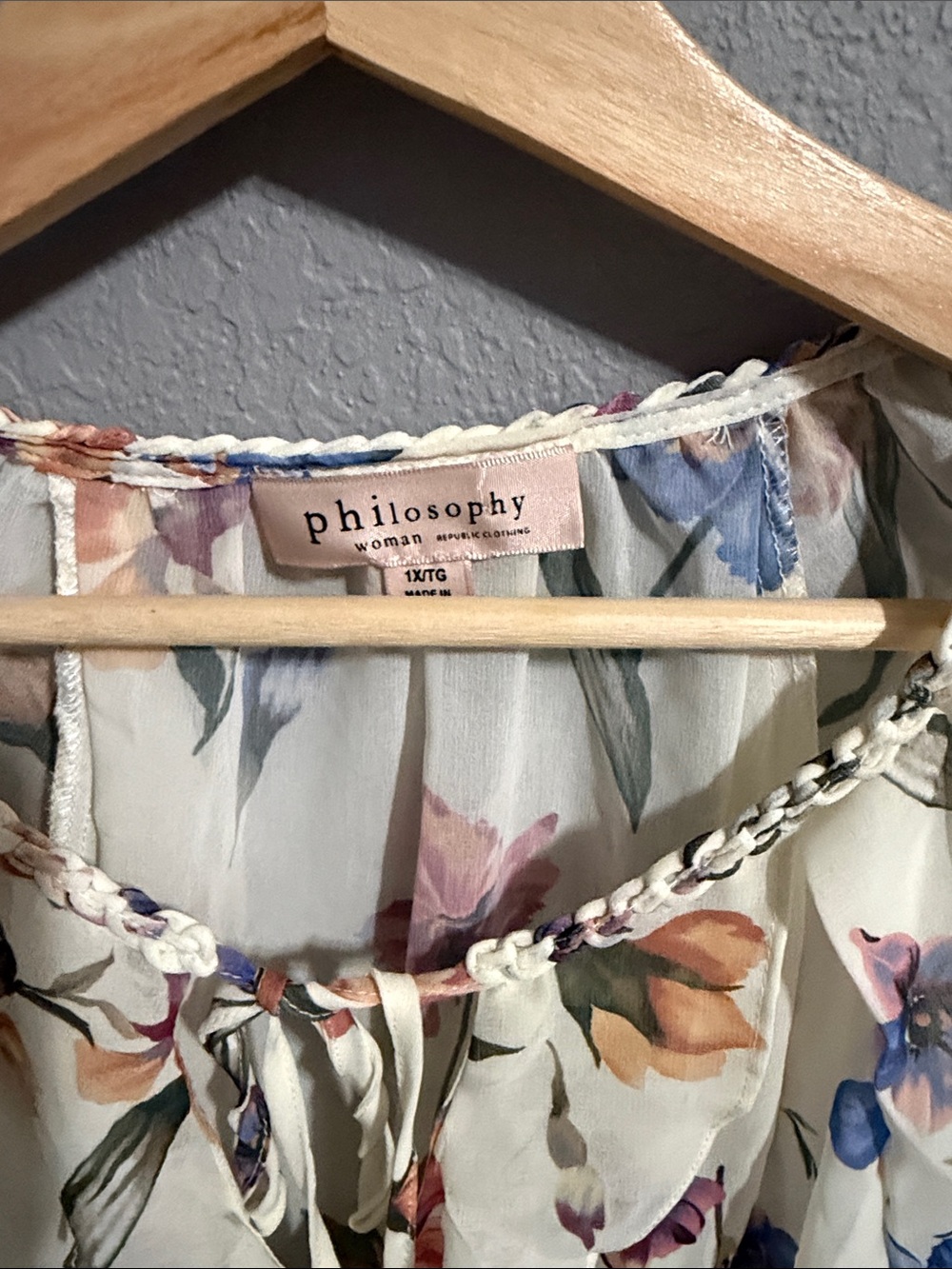 Philosophy Cream Floral Tie-Front Blouse with Braided Trim